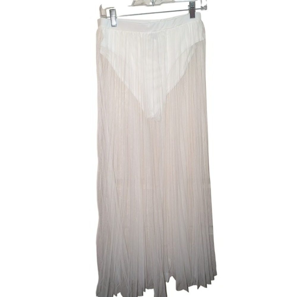 White Sheer Pleated Maxi Skirt‎ High Waisted Mesh Swimsuit Size L